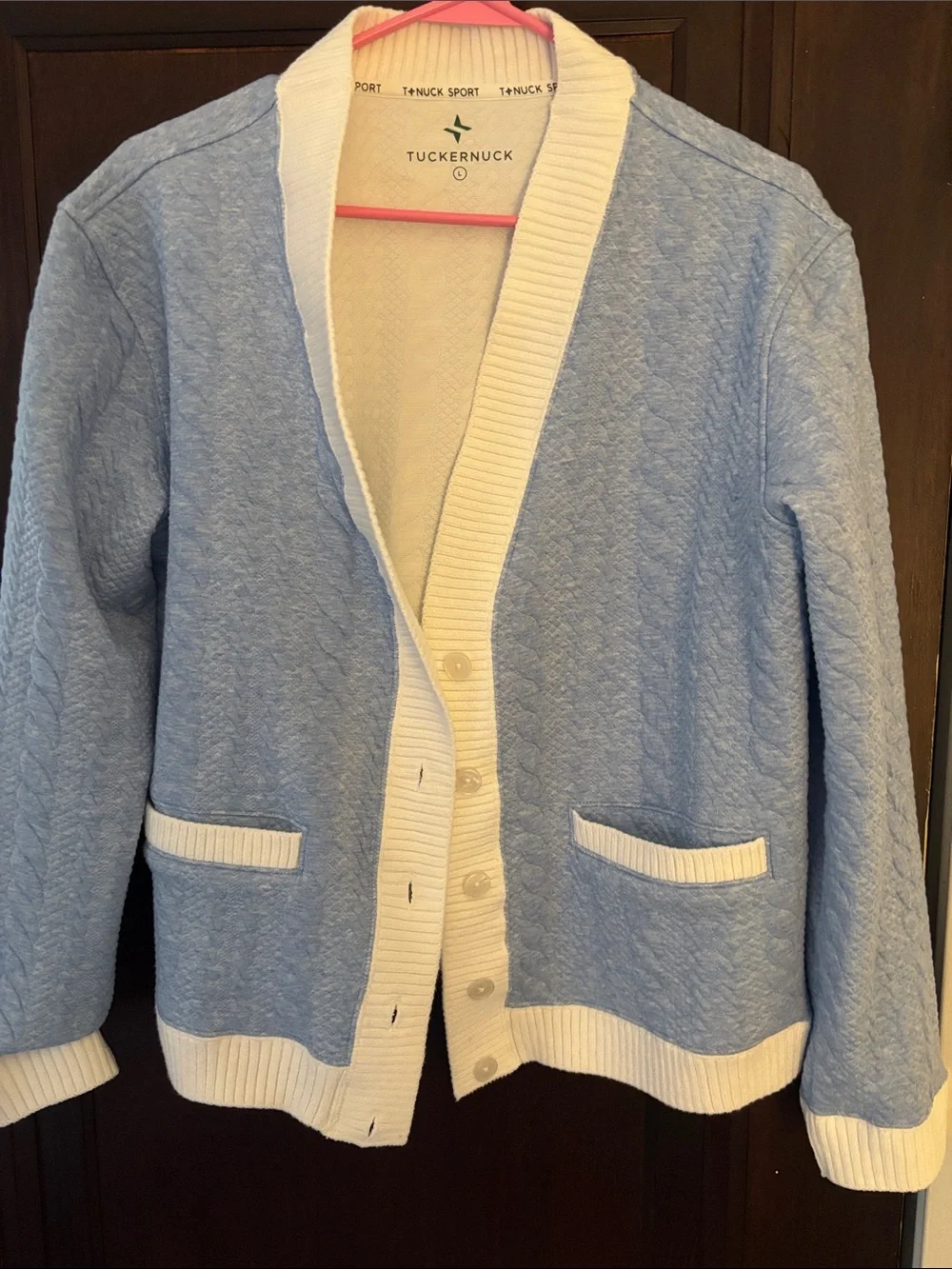 Tuckernuck Light Blue Quilted Cotton Cardigan with Cream Trim